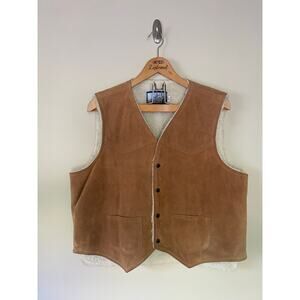 Fantastic vintage 70s suede leather sherpa vest snap button USA XL Fieldmaster